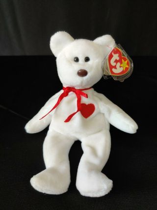 Retired Ty Beanie Baby White Valentino Bear With Multiple Errors Brown Nose Pvc