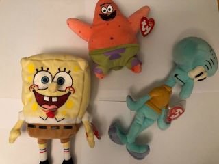 Ty Beanie Baby Squidward,  Spongebob,  And Patrick Group Mwmt