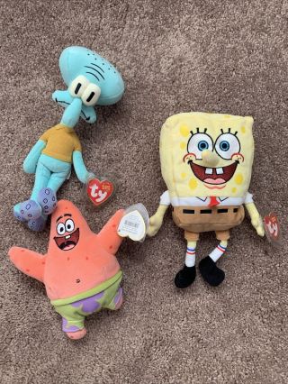 2004 Spongebob Squidward Patrick Star Beanie Babies Plush Ty