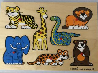 Vintage Simplex Wooden Peg Puzzle Jungle Zoo Animal Puzzle Made In Holland