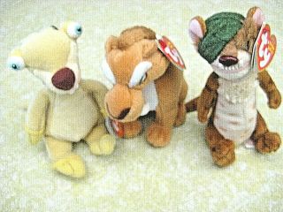 3 Ty Beanie Babies - Ice Age Sid Sloth,  Diego Saber Tooth Tiger,  Buck Weasel