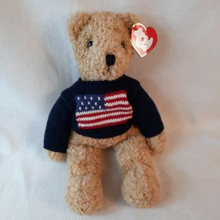 Ty Beanie Babies Buddy Curly Bear 17 " Plush With American Flag Sweater 1990 Nwt