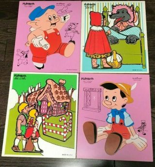 4 Vintage Playskool Wood Puzzles Fairy Tales 3 Pigs Pinocchio Little Red Hansel