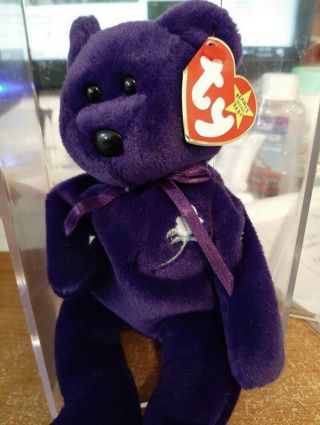 Retired Princess Diana Ty Beanie Baby Purple Bear With Case