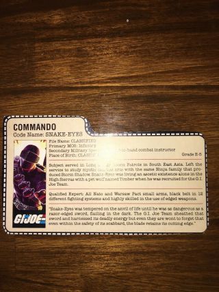 Vtg Hasbro Gi Joe Commando Snake Eyes Peach Infantry Action Figure File Card