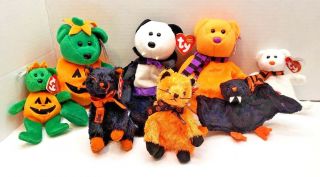 Set Of 3 Ty Halloween Beanie Baby & 5 Miniatures Tricky Shivers Count