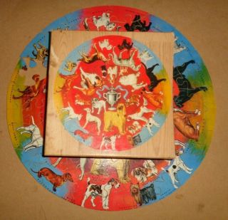 Vintage Wooden Jigsaw Puzzle Springbok Prize Dogs Round