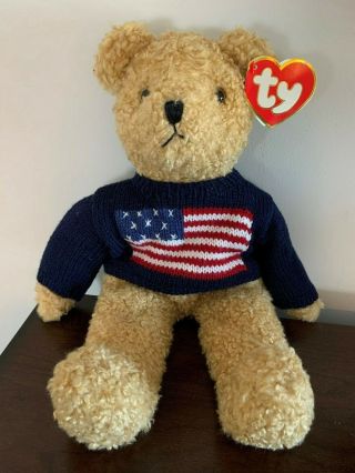 Ty Beanie Baby Patriotic Buddy Curly Bear American Flag Sweater