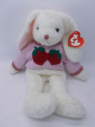 Vintge Retired Ty Curly Plush White Rabbit With Tags And Strawberry Sweater 18 "