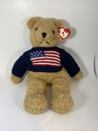 1990 Curly 18 " Bear Ty Beanie Babies - Grand Ol Flag - Usa Flag Sweater