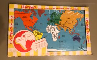 Vintage Playskool Inlaid Wood World Map Puzzle With Compass
