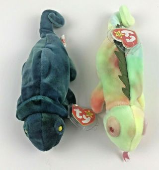 Ty Beanie Babies Iggy Iguana & Rainbow Chameleon Beanbag Plush Toys 1997 Retired
