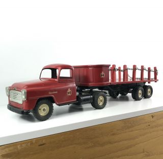 International Harvester Tru - Scale Model Red Stake Semi Truck & Flat Trailer 50s