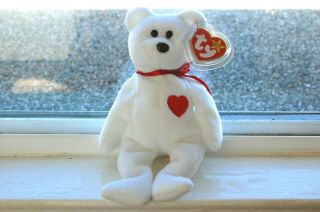 Ty Beanie Baby Valentino White Bear W Red Heart,  Brown Nose,  Tag Error