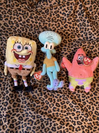 Ty Beanie Baby Spongebob Patrick Squidward 2004 Plush All 3