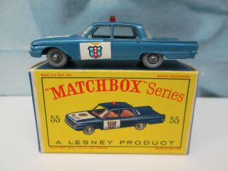 Matchbox/ Lesney 55b Ford Fairlane Police Car Blue - Grey Plastic Wheels - Boxed