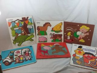 Six (6) Vtg Wooden Puzzles For Children By Playskool; Sandberg; Sifo