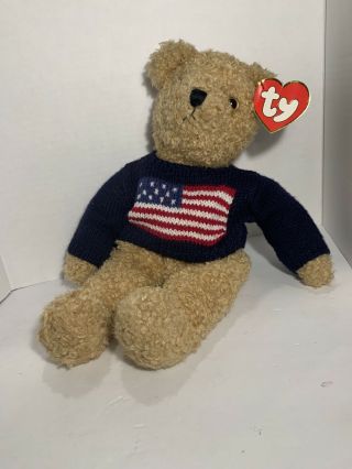 Vintage 1990 Ty Classic Curly Beanie Buddy Teddy Bear Patriotic Flag Sweater 17 "