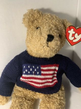 Vintage 1990 Ty Classic Curly Beanie Buddy Teddy Bear Patriotic Flag Sweater 17 