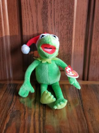 Nwt Ty Beanie Babies Disney Kermit The Frog Santa Hat Stuffed Animal Green 9 "