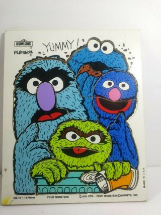 Vintage Playskool 1976 Sesame Street Muppets Wooden Puzzle Four Monsters 315 - 18