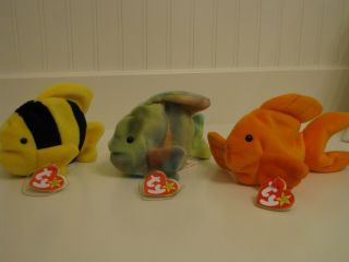 Ty Rare Beanie Babies: Bubbles,  Goldie And Coral Fish -