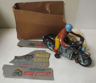 Vintage 1950s Modern Toys / Masudaya Japan Expert Motor Cyclist Tin Toy Bad Box