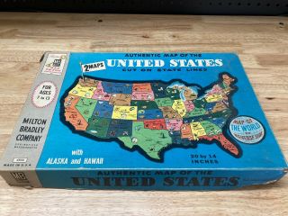1961 Milton Bradley Puzzle Authentic Map Of The United States & World Map 20x14”