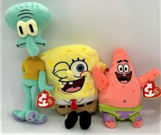 2004 Ty Beanie Babies Spongebob Thumbs Up Squidward Patrick