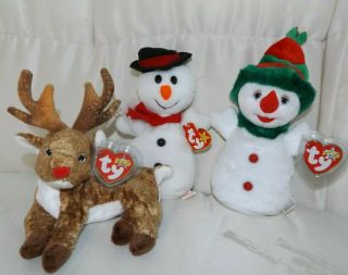 Ty Beanie Babies Christmas Set Of 3 - Roxie Reindeer,  Snowball & Snowgirl - Nwts