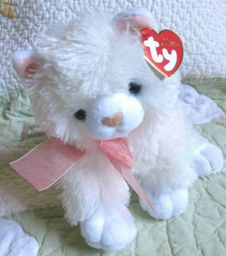 Ty Classic Kitty Cat Destiny Fluffy White Peach Pink Neck Bow Nwt Toy Lovey 12 "