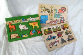 3 Simplex Wooden Puzzles.  2 Animal And 1 Vehicle.