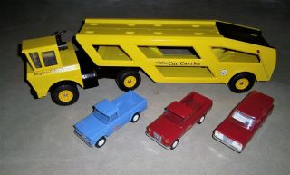 Vintage 1967 Mighty Tonka Car Carrier 2990 W/ Mini Jeep Wagoneer And 2 Pickups