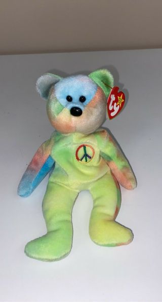 Rare Retired Peace Bear Beanie Babie With Tag Error On Hang Tag