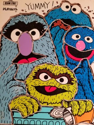 1976 Playskool Sesame Street Wood Puzzle Four Monsters Ds3