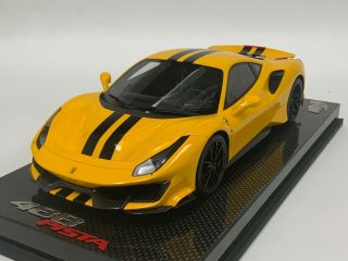 1/18 Bbr Ferrari 488 Pista Coupe In Yellow Black Stripe On Carbon Fiber Base