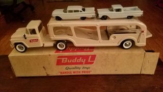 1950s Buddy L Car Carrier Hauler Transport W/2 Cars & Box - Ex.