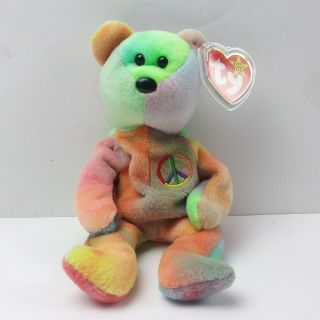 Vintage 1996 Ty Beanie Baby Peace Bear Plush Collectible Rainbow Tie Dye