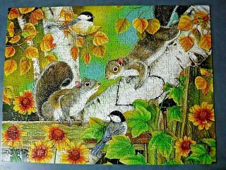Suns Out 500 - Pc Jigsaw Puzzle Autumn Romance Squirrels Birds Sun Flowers 18x24 "