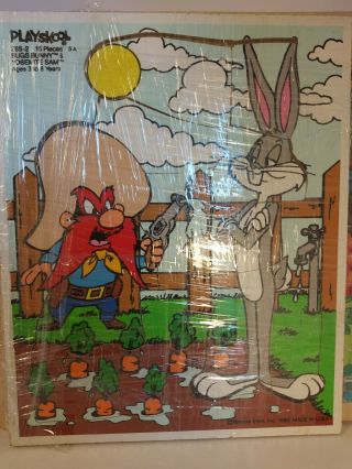 Vintage Playskool Wooden Tray Jigsaw Puzzle 1985 Bugs Bunny & Yosemite Sam