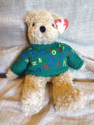 Classic Ty Beanie Baby Curly Teddy Bear With Green Alphabet Sweater Plush Nwt