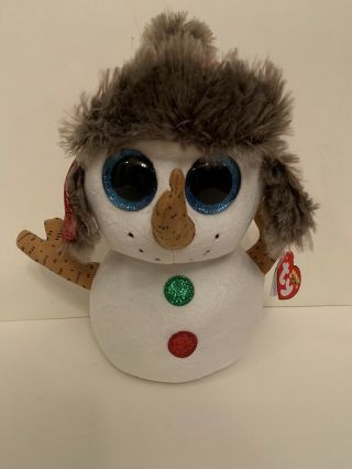 2018 Ty Beanie Boos Buttons Snowman Large 9 " Christmas Snow Glitter Hat