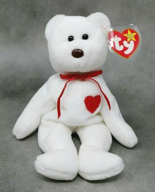 Ty Beanie Baby Valentino Bear Misspelled Tag Mwmts & Protector Pvc Pellets