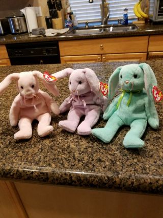 Rare Ty Beanie Baby Collector Hippity,  Hoppity,  And Floppity Set Of 3 Pvc 1996