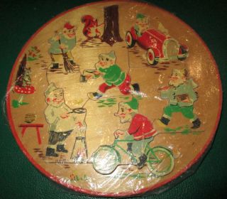 Vintage Simplex Round Wooden Puzzle 7 " Made In Holland Gnomes Elves