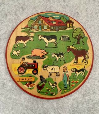 Vintage Simplex Painted Wood 19 - Piece Farm Puzzle - Made In Holland