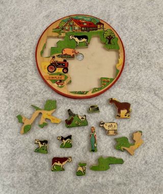 Vintage Simplex Painted Wood 19 - Piece Farm Puzzle - Made In Holland 3