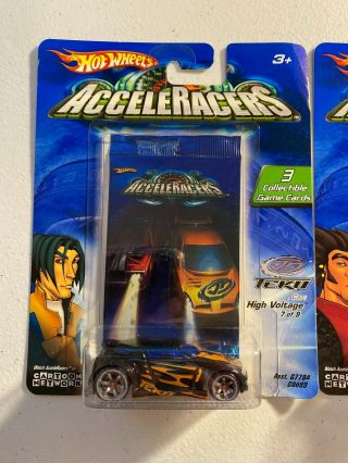 3 Hot Wheels Acceleracers In Package,  Flathead Fury,  RD10,  and High Voltage 2