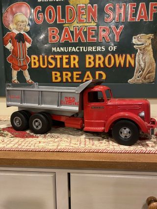 Vintage Smith Miller Red Blue Diamond Material Mack Dump Truck Construction Toy