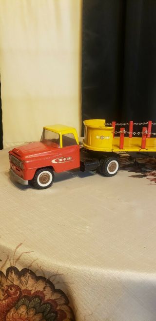 International Harvester Tru - Scale Model Red Yellow Semi Truck & Flat Trailer